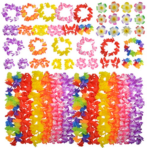baotongle 60pcs Hawaiian Leis Set, Hawaiian Leis Hawaiian Headband Flowers Flowers Necklaces 12 Random Color Flower Hair Clips for Party Supplies, Hawaiian Luau Decorations, Summer Beach Vacation, Tropical themed Party Favors, Birthday, Wedding