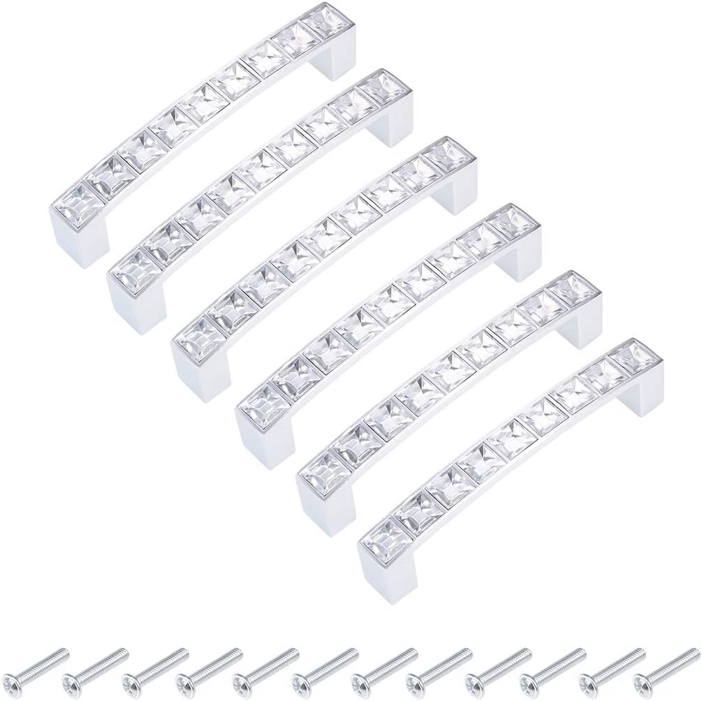 sourcing map Cabinet Pulls Drawer Handles 96mm Hole Centers Alloy Crystal with Screws 6Pcs, Silver