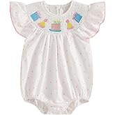 xkwyshop Baby Girl 1st Birthday Outfit 1 Year Old Smocked Bubble Romper Cake Embroidery Fly Sleeve Bodysuit Clothes Summer