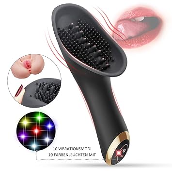 Auflegevibrator für sie mit Klitoris Stimulator Zunge, Sauger, Noppen & 10 Stufen Vibration, Wasserdicht, Mini Schwarz