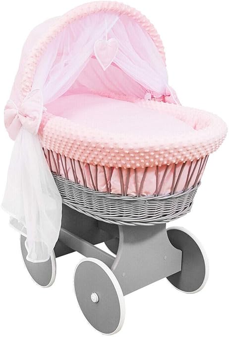 pink and grey moses basket