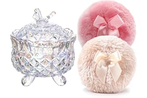 YILUSHENGHUA Luxury 4 Inch Glass Powder Container with 2 Soft 3.5" Puffs｜Non-Sealed Refillable Organizer for Body Powder,Makeup & Jewelry｜Setting Powder Applicator w/ Loose Powder Storage(Butterfly-Dazzling Color)