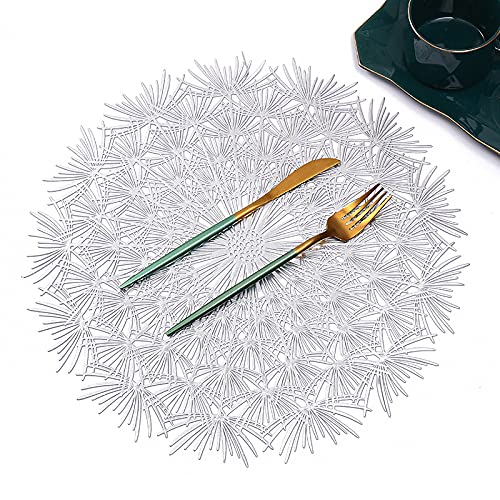 Hosoncovy 4 Pack Dandelion Decorative Round PVC Heat Resistant Non-slip Dining Flower Placemats for Home Kitchen Wedding Party (Silver)