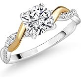 Gem Stone King 925 Sterling Silver and 10K Yellow Gold 6MM Cushion Gemstone Birthstone and Lab Grown Diamond Engagement Ring for Women | Available In Size 5, 6, 7, 8, 9