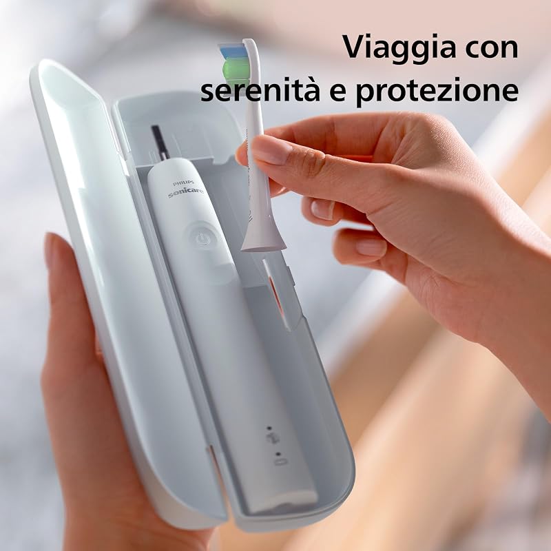 Sonicare 4100 - Spazzolino elettrico Philips Sonicare per adulti con 1 testina sonica Philips W2 Optimal White, custodia da viaggio sottile e caricatore USB modello HX3683/33