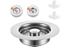 Sink Drain Strainer - Sink Stopper, 3-in-1 Kitchen Stainless Steel Drain Plug with Anti-Clog Basket, Pop-Up Cover