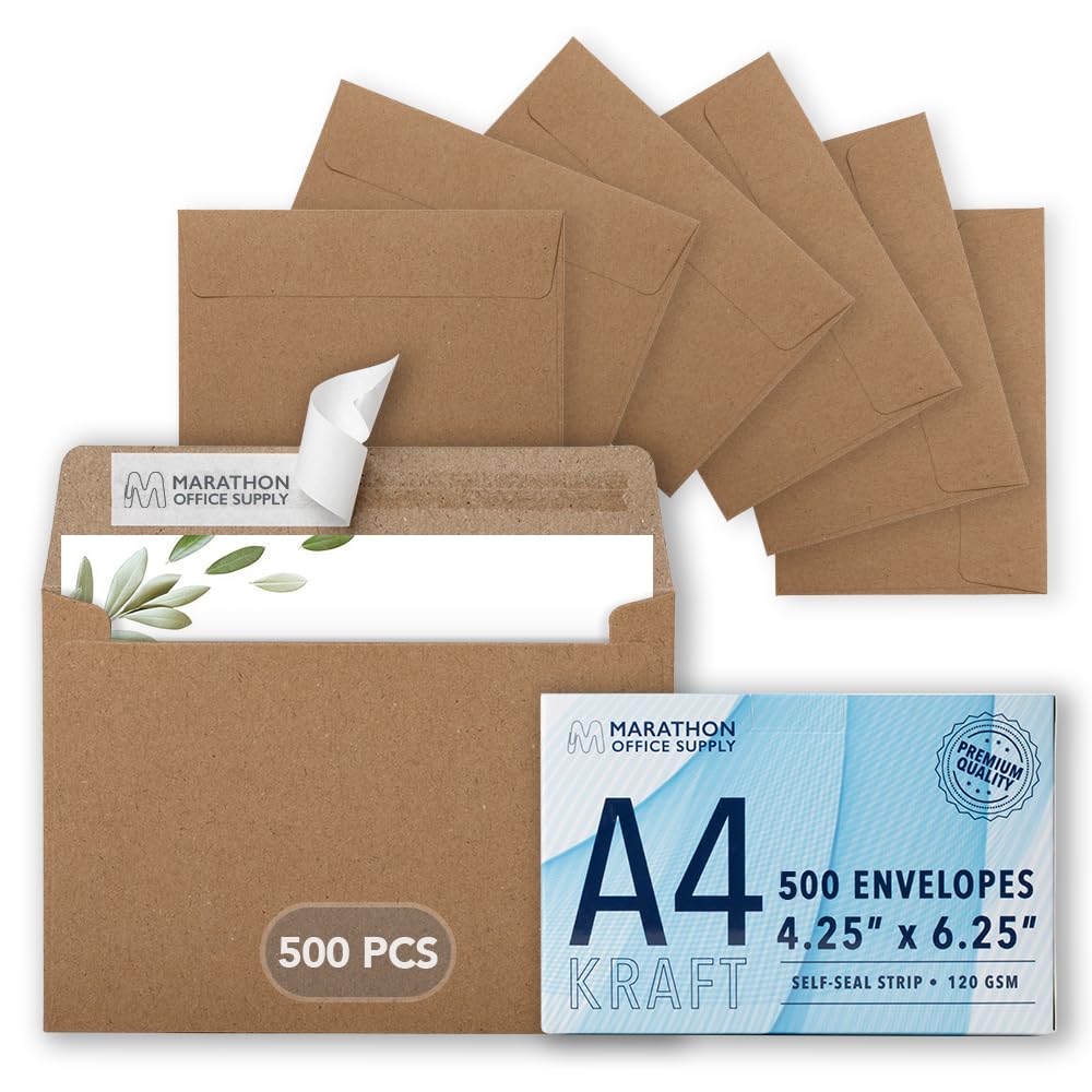 Photo 1 of MOS A4 Kraft Envelopes 4.25 x 6.25 Inch 500 Pack — Brown Self-Seal Heavyweight Invitation Envelopes for Greeting Cards, Card Making, RSVP, Wedding Invitations, Business Mailings