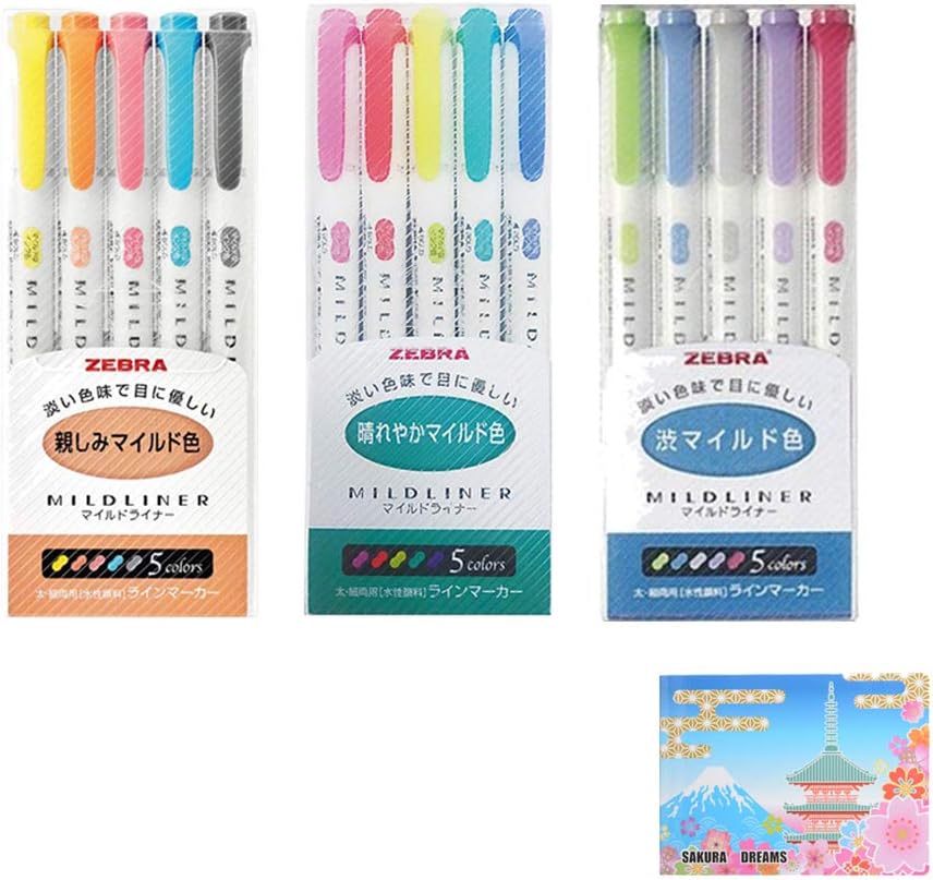 Zebra Mildliner 3 Pack Set 15 pens, wkt7-5c-nc Wkt7-5c-hc Wkt7-n-5c pastel markers, Sticky Notes
