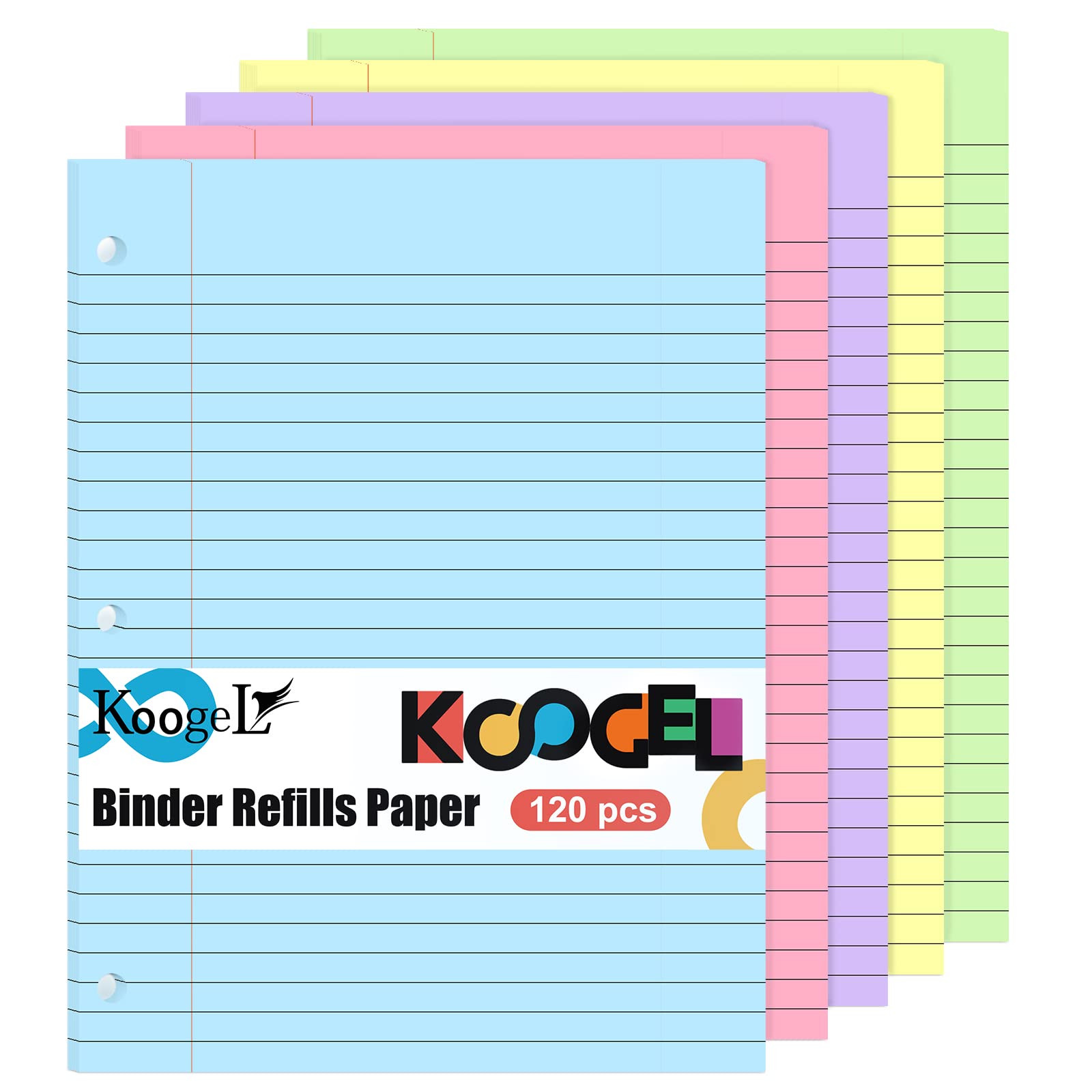 Koogel 120 Sheets Coloured Lined Refill Paper - 5 Vibrant Colours, 20 x 26.5cm 3-Hole Punched Compatible with Most A4/A5 Binders & Planners, Thick Anti-Bleed Paper for Notebook Organiser School Office