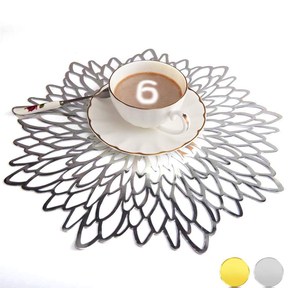 Mangata Silver Placemats Set of 6, Round Table Placemats for Christmas, Wedding, Dinner Parties, Restaurant, Hotel, 38cm, 15.5 inches,