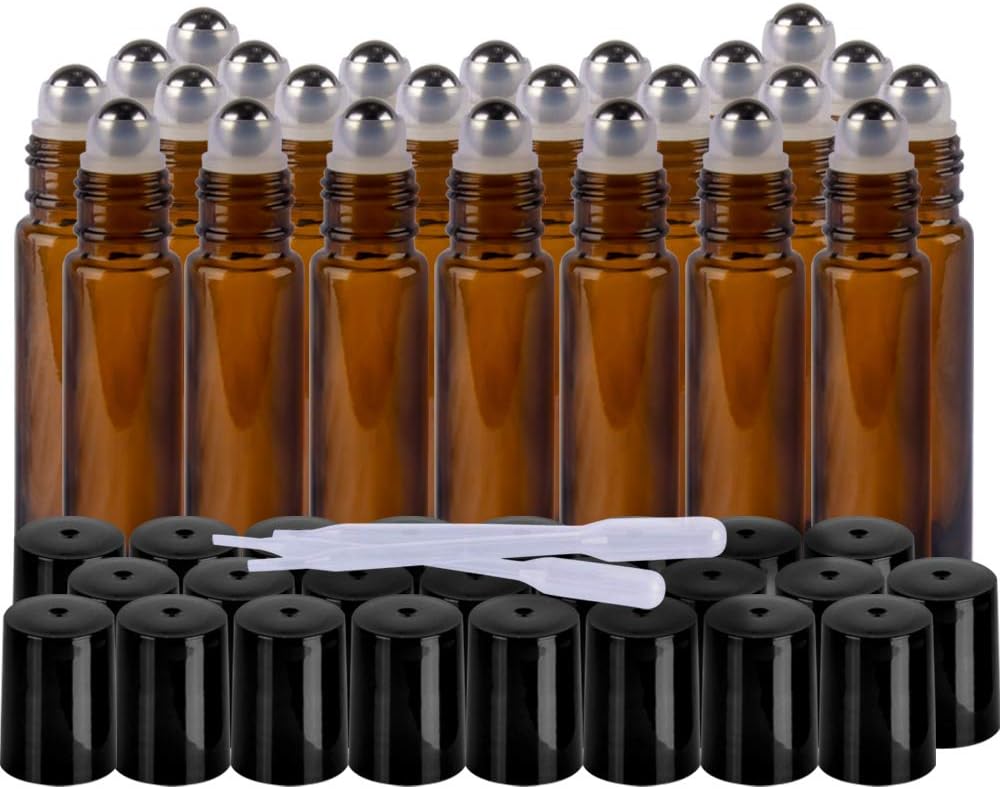 24 Pack,10 ml Amber Glass Roller Bottles with Removable Stainless Steel Roller Balls Perfect for Natural Essential Oils,Perfume and More Applications