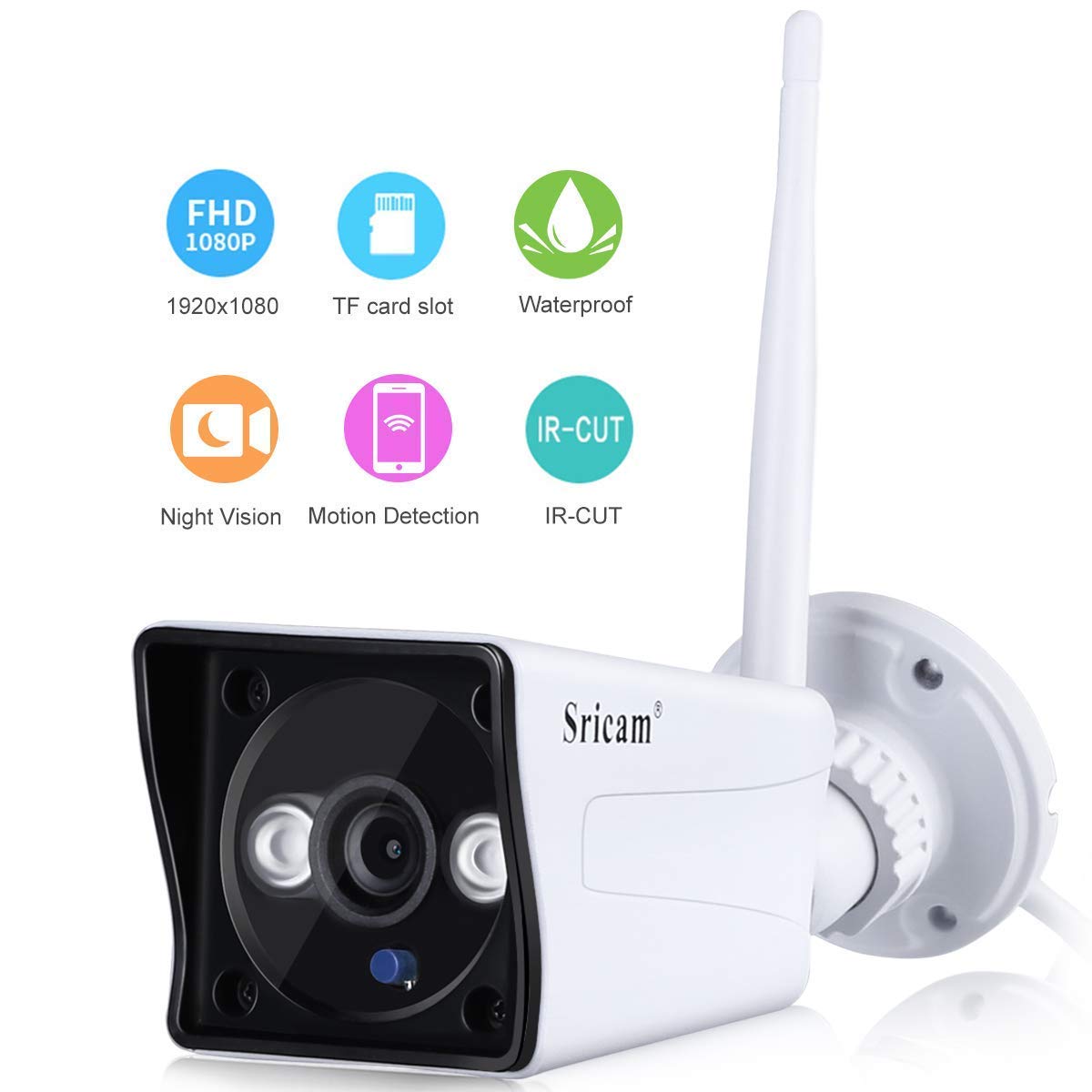 Sricam Caméra IP HD 1080p sans Fil Etanche Vision Nocturne Caméra de sécurité WiFi ONVIF IR-Cut Support Détection du Mouvement Alarme Mail/Téléphone Accès à Distance PC Phone P2P Blanche