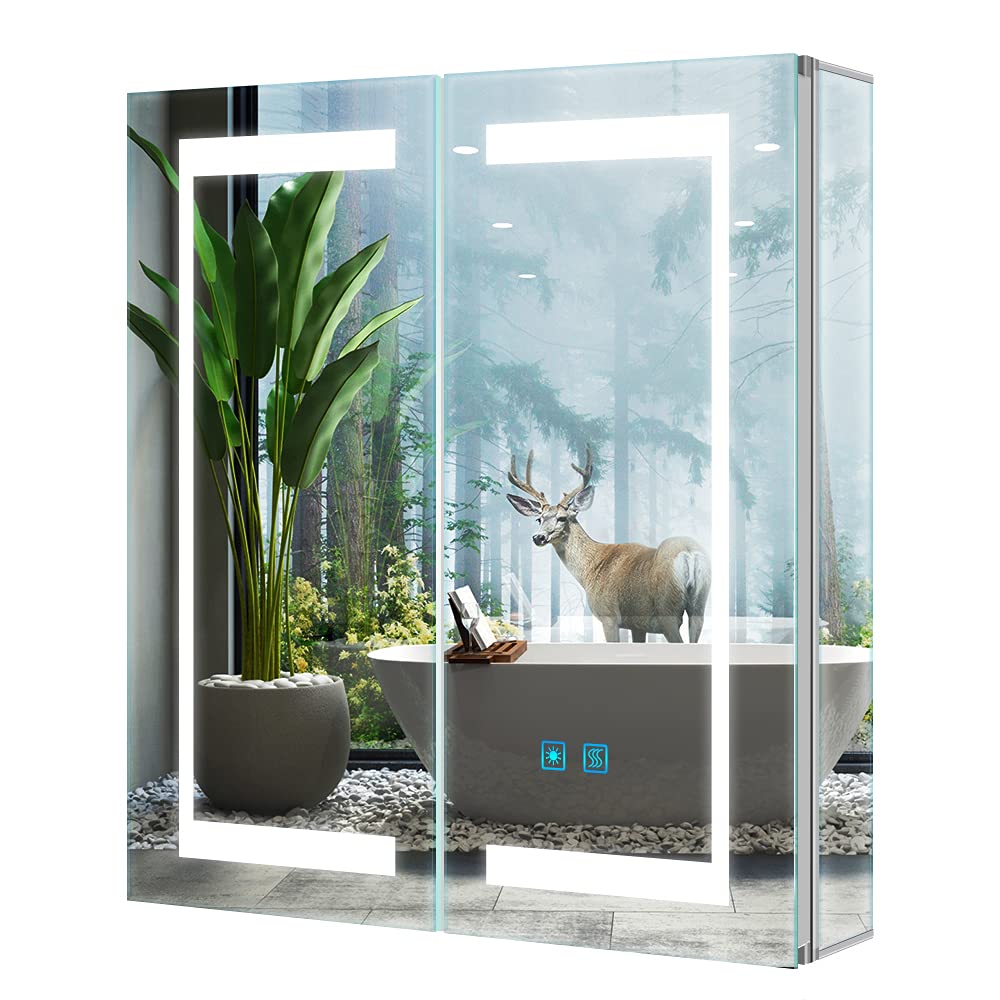 Tokvon® Gemini Bathroom Mirror Cabinets with lights Double Door Wall Mounted Shaver Socket Demist Defog Adjustable led Dimmer 630 x 650 mm Aluminum