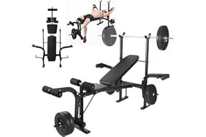 WASHRANP Standard Weight Bench Adjustable Bench Press Set with Preacher Curl Pad and Leg Developer,Bench Press Rack Bench Press with Weights and Bar Weight Lifting Equipment for Home Gym