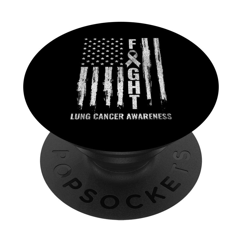 Lung Cancer Awareness White Ribbon Fight Gift USA Flag PopSockets Grip and Stand for Phones and Tablets