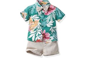 Toddler Baby Boy Summer Hawaiian Outfit Floral Shirt + Solid Shorts Little Gentleman Button Down Bowtie Suit Set