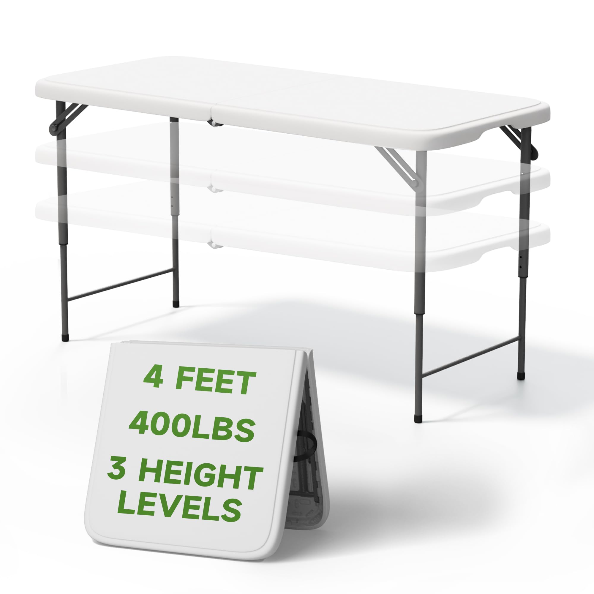 Ortus Collective Folding Table 4 Foot - 3-Position Adjustable Height, Heavy Duty 400 lbs Capacity - Portable Tables Folding for Camping, Party, Indoor & Outdoor Use, 1 Pack