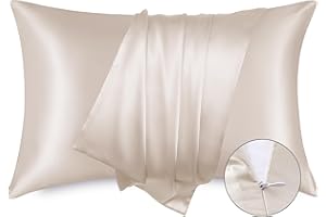 Bedsure Satin Pillowcase with Zipper, Similar to Silk Pillow Cases 2 Pack, Silky & Soft Satin Pillow Case Standard Size for Hair and Skin, Christmas Room Decor Gifts for Women Men, Beige, 20x26 Inches