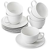 BTaT- Cappuccino Cups with Saucers 6 oz, Set of 6, White Porcelain Coffee Cup and Saucer Set for Latte, Mocha, Tea, Au Lait, Flat White, Dishwasher, Microwave, Freezer and Oven Safe