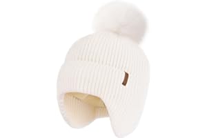 CAMPTRACE Toddler Baby Winter Hat Warm Fleece Lined Knit Kids Hat with Earflap Infant Newborn Pom Pom Beanie Knit Cap Girls Boys