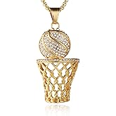 HZMAN Basketball Hoop Necklace for Men Stainless Steel 18K Gold Plated Cubic Zirconia Basketball Rim Sports Pendant Jewelry Gift
