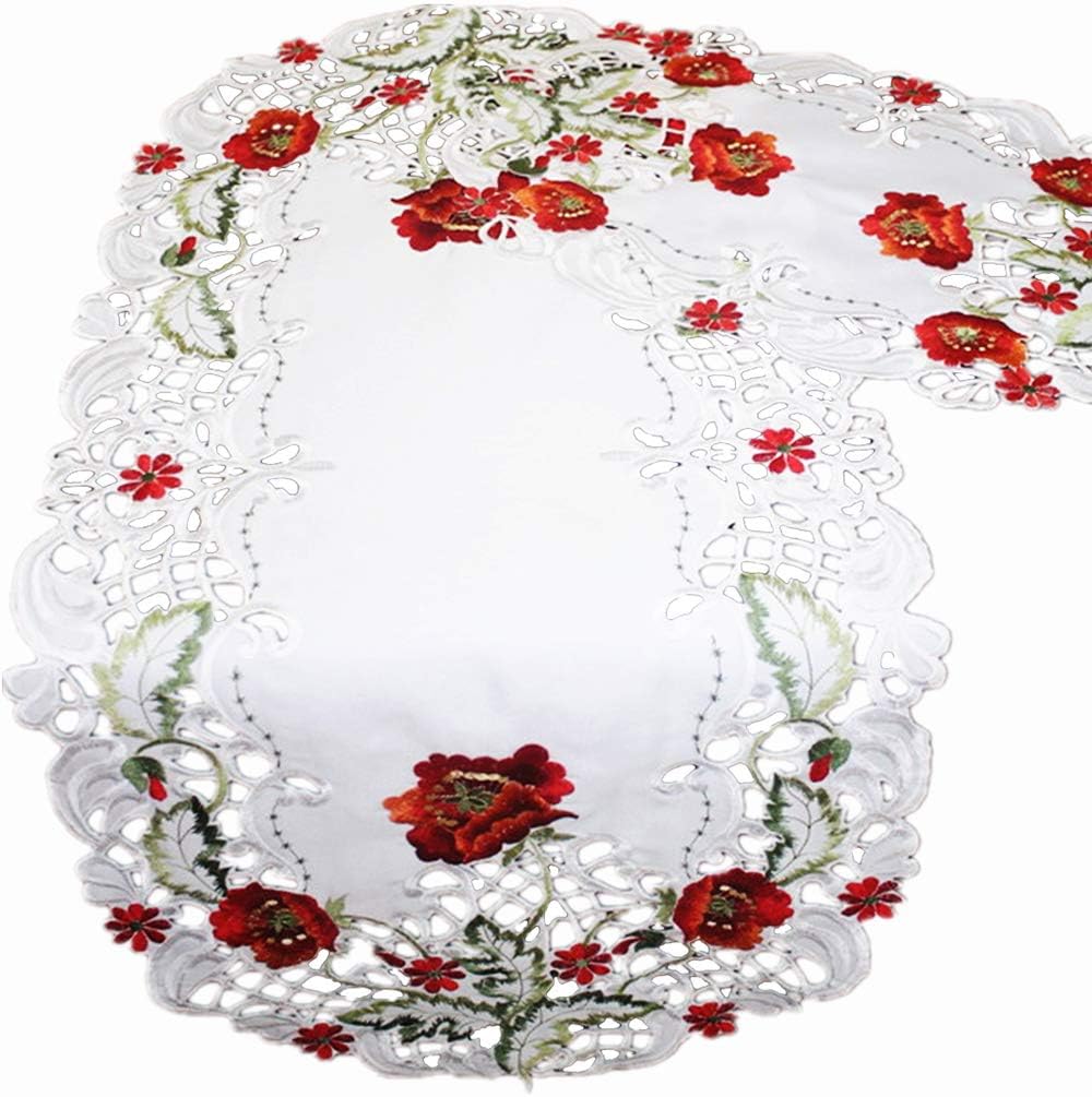 Fashions Embroidery Poppy Flowers Table Runners, Elegant Embroideried Poppies Flower and Cutwork Tablecloths for Dinner Used, 14.7 by 34-Inches