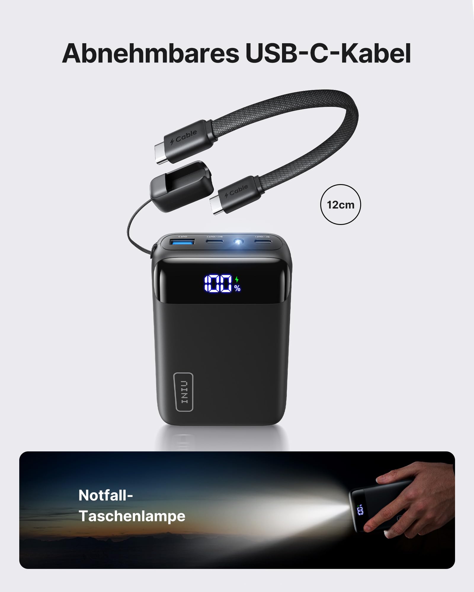 INIU Ultra Klein 20000mAh Power Bank, 22.5W Schnellladung PowerBank mit Abnehmbar USB C Kabel, Flugtauglich & Reise-Essential, Externe Handyakkus für iPhone 17 16 15 Pro, Samsung S25, Xiaomi, iPad etc 5