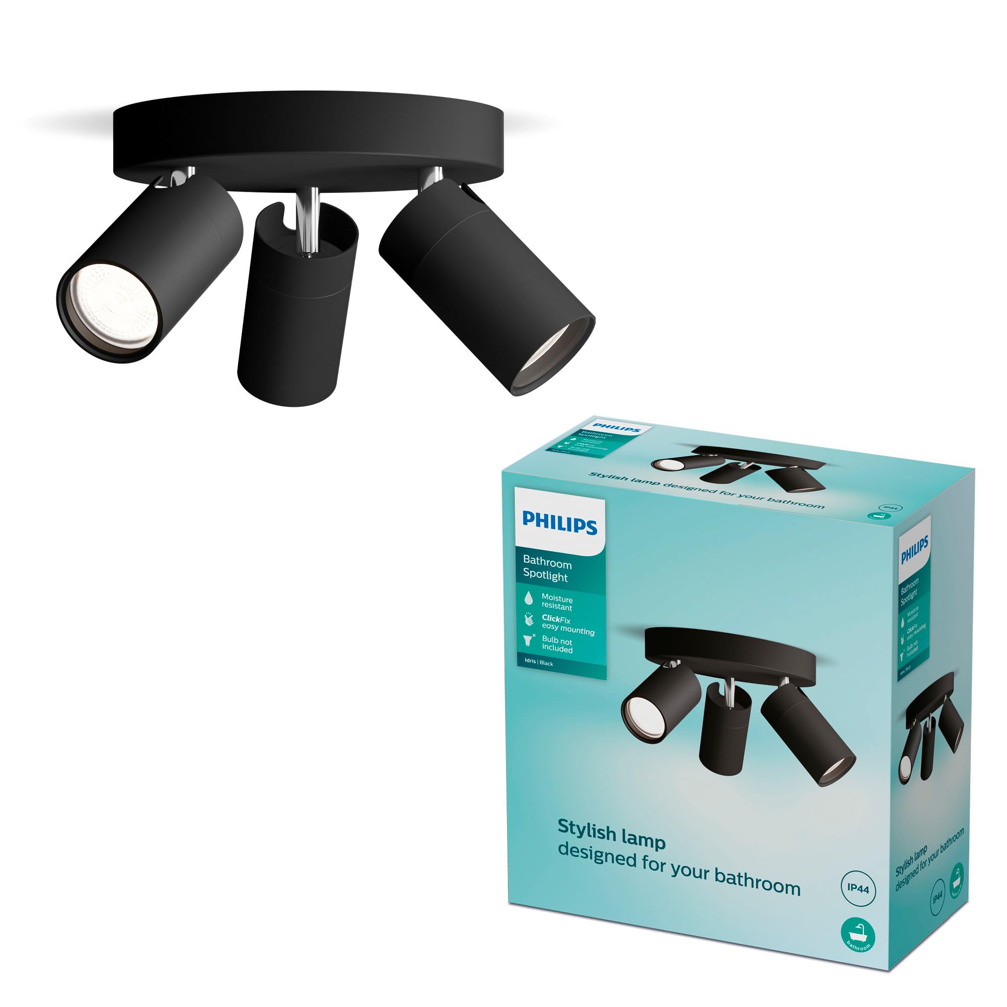 PHILIPS Idris 3-Head spot on Round Plate, GU10 lamp not Included, Black, IP44, Water-Resistant