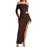 EYNMIN Off Shoulder Long Sleeve Maxi Dress Ruched Bodycon Slit Elegant Formal Fall Wedding Guest Dresses for Women