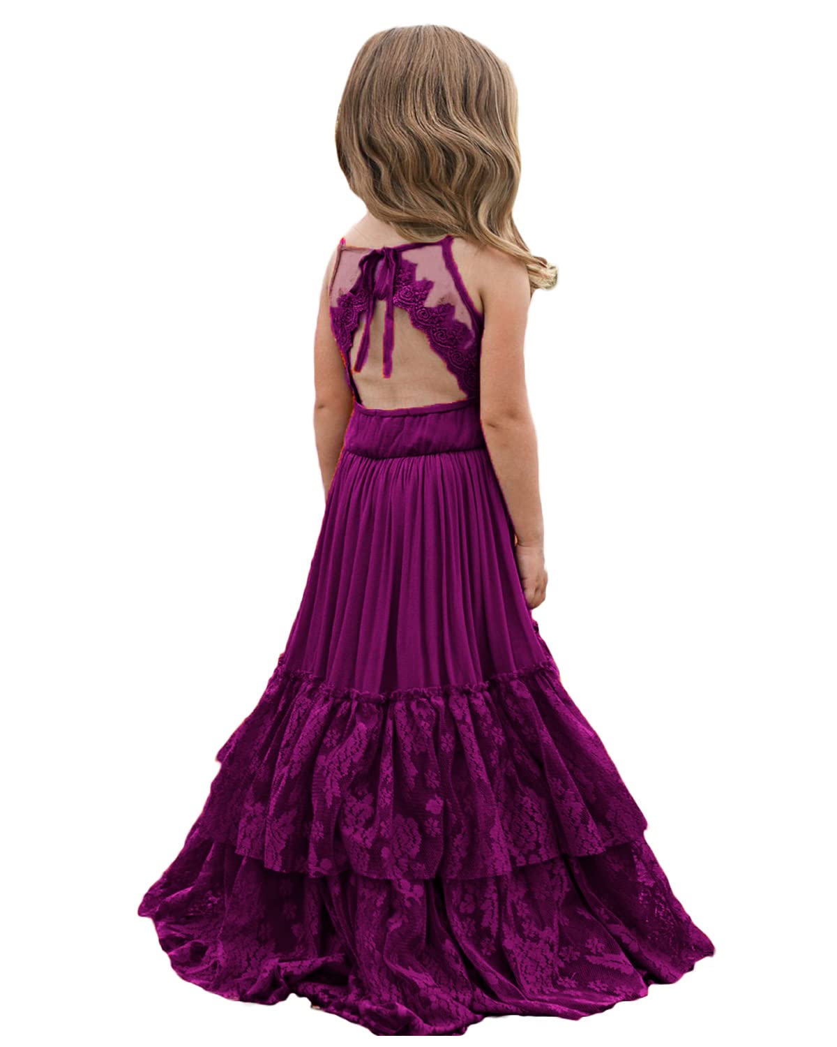 Photo 1 of BIBIHOU Girls Kids Crew Neck Lace Back Full-Length Tulle Backless Formal Party Wedding Girl Dresses,12 Years Purple