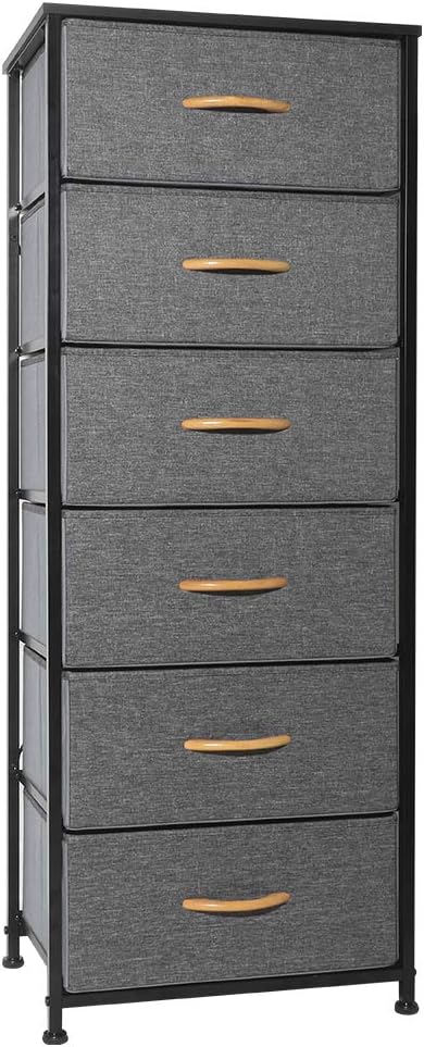 Crestlive Products Vertical Dresser Storage Tower - Sturdy Steel Frame, Wood Top, Easy Pull Fabric Bins, Wood Handles - Organizer Unit for Bedroom, Hallway, Entryway, Closets - 6 Drawers (Gray): Home Improvement