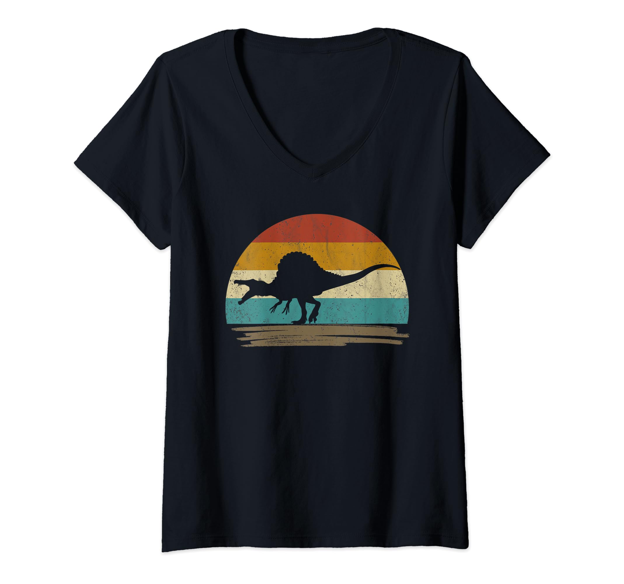 Womens Retro Vintage Spinosaurus Dinosaur V-Neck T-Shirt