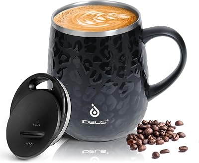 Ideus 16 oz Insulated Coffee Mug with Handle and Lid Leopard Black