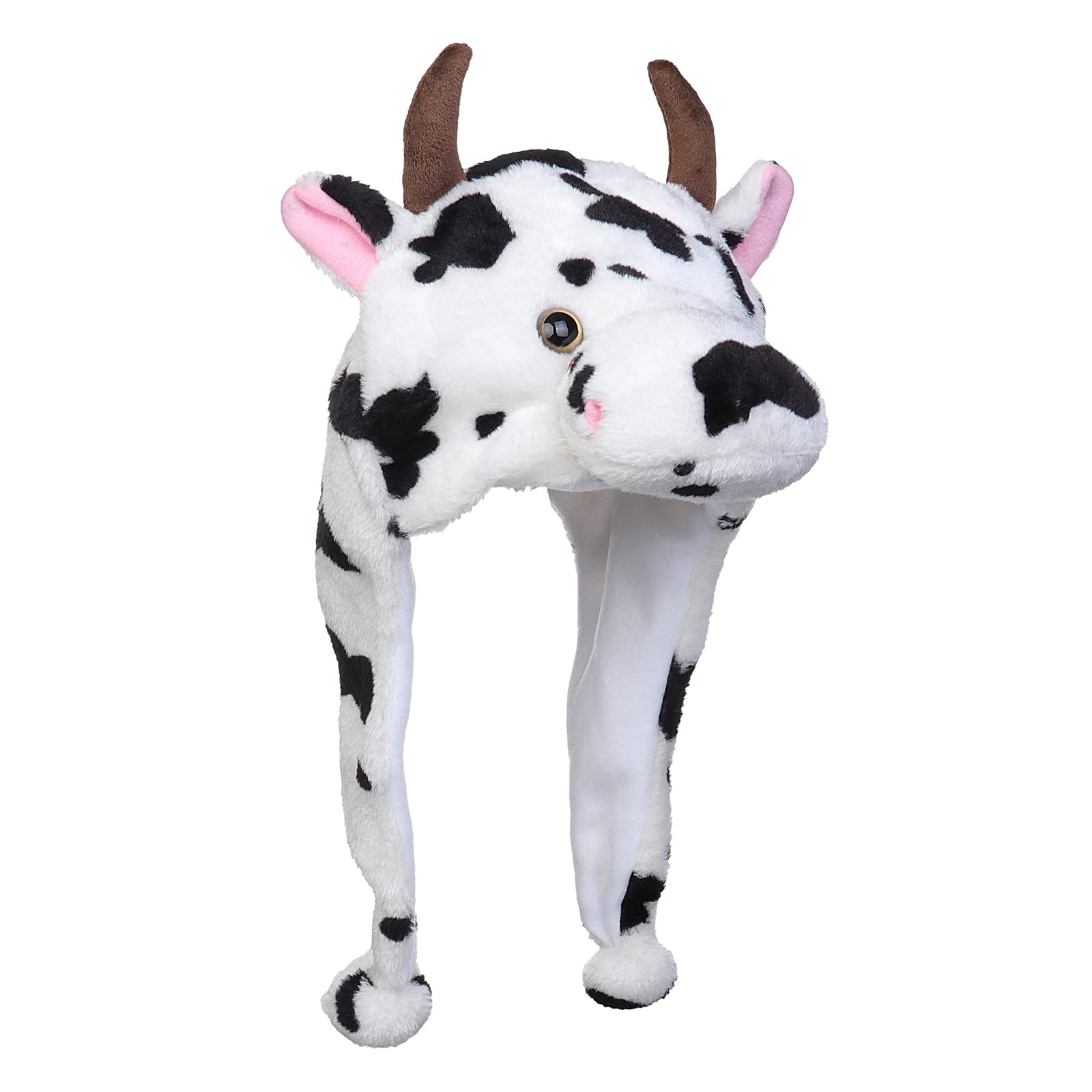 JK Home Funny Plush Animal Hat, Headwear Cartoon Hats, Soft Warm Novelty Stuffed Ear Flaps Scarf Cap, Cosplay Costume Headgear, Headband Photo Props, Unisex Children Adults White Cow
