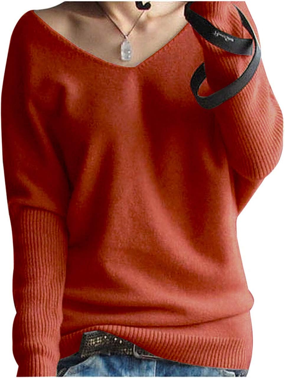 LongMing Women's Cashmere Jumper Sexy Loose Batwing Sleeve Big V-Neck Pullover Sweater