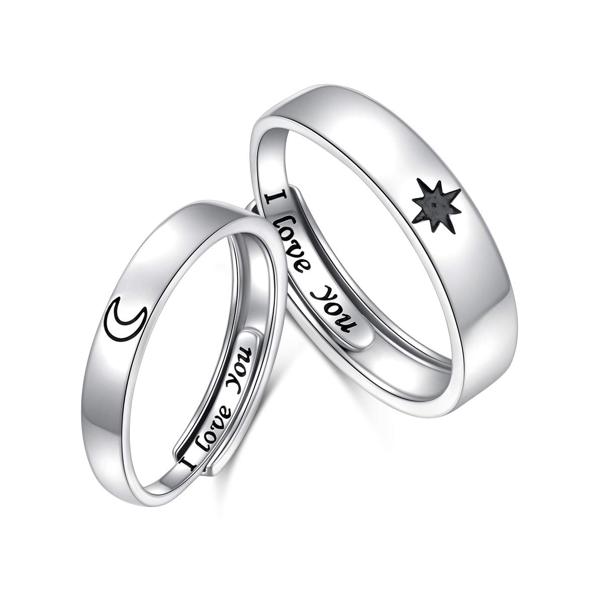 Sterling Silver Sun and Moon Matching Engagement Rings - His and Hers Adjustable Promise Rings for Lovers