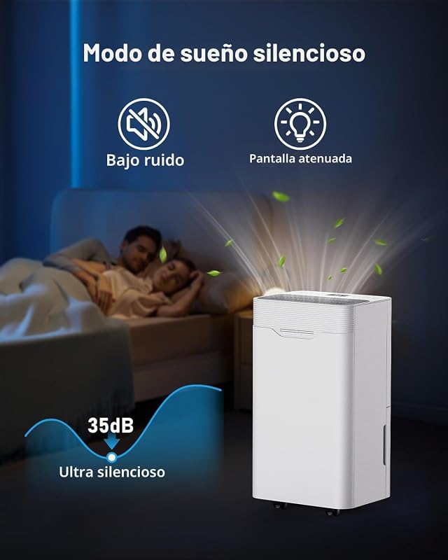 Deshumidificador 12L/Día, con 3 Modos, Temporizador de 24h, Bajo Consumo, Apagado Automático, Tubo de Drenaje Drenaje Continuo, Deshumificadores de humedad para Dormitorios, Baños, Sótanos — foto 5 de 6
