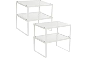 SONGMICS Spice Rack, Cabinet Shelf Organizers, Shelf Organizer, Countertop Organizer, Shelf Riser, Stackable, Expandable, Set of 4 Metal Kitchen Counter Shelves, White UKCS006W01