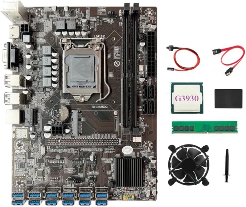 Tsadeer B250C BTC Mining Motherboard Kit LGA1151 DDR4 8GB RAM G3930 CPU SSD