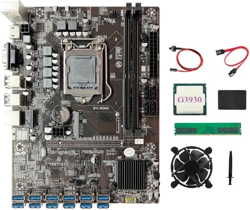 Tsadeer B250C BTC Mining Motherboard Kit LGA1151 DDR4 8GB RAM G3930 CPU SSD