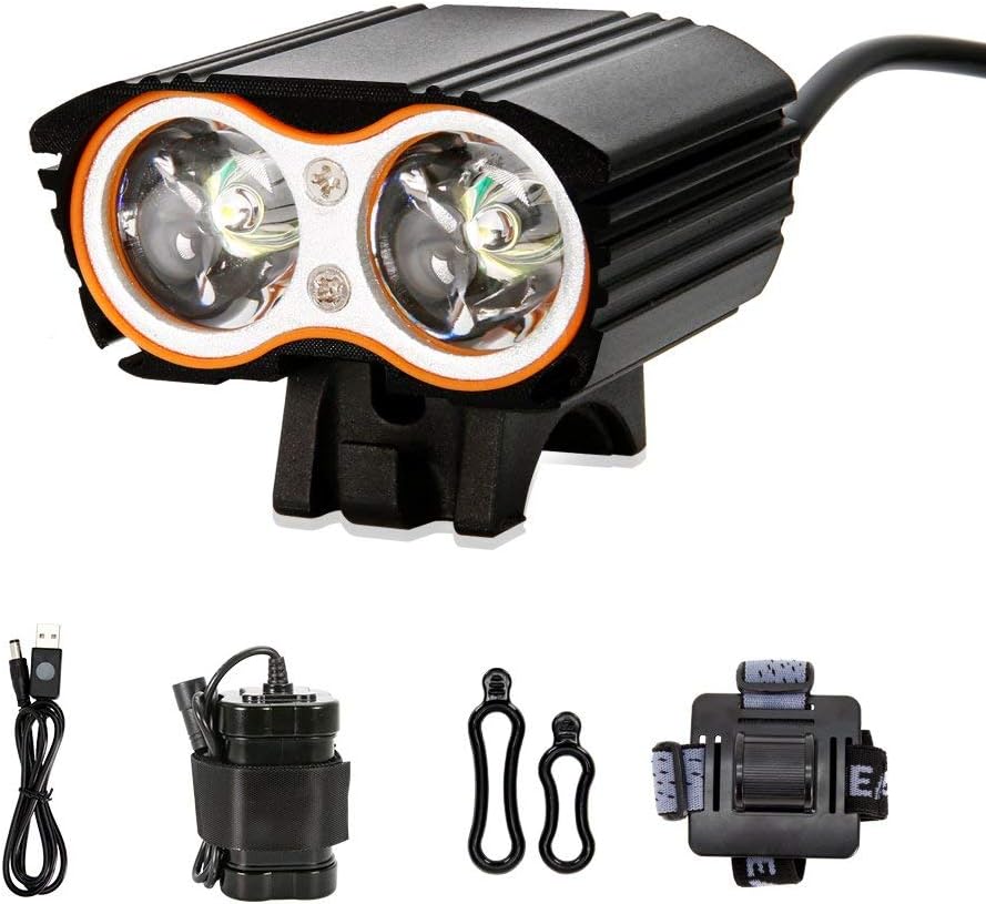 Maketheone Bike Light Set, Bicycle Front Light 7200mAh Rechargeable, 2000 Lumens 2 XML T6 Cycling Headlamp LED Super Bright, IPX6 Waterproof 4 Modes, with Battery Pack, Headband and USB Charger