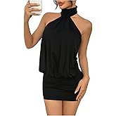 SweatyRocks Women's Open Back Halter Neck Dresses Sexy Ruched Night Out Bodycon Mini Dress
