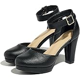Lyngixko Women's High Block Heels Pumps Round Closed Toe Ankle Strap Wedding Dress Shoes