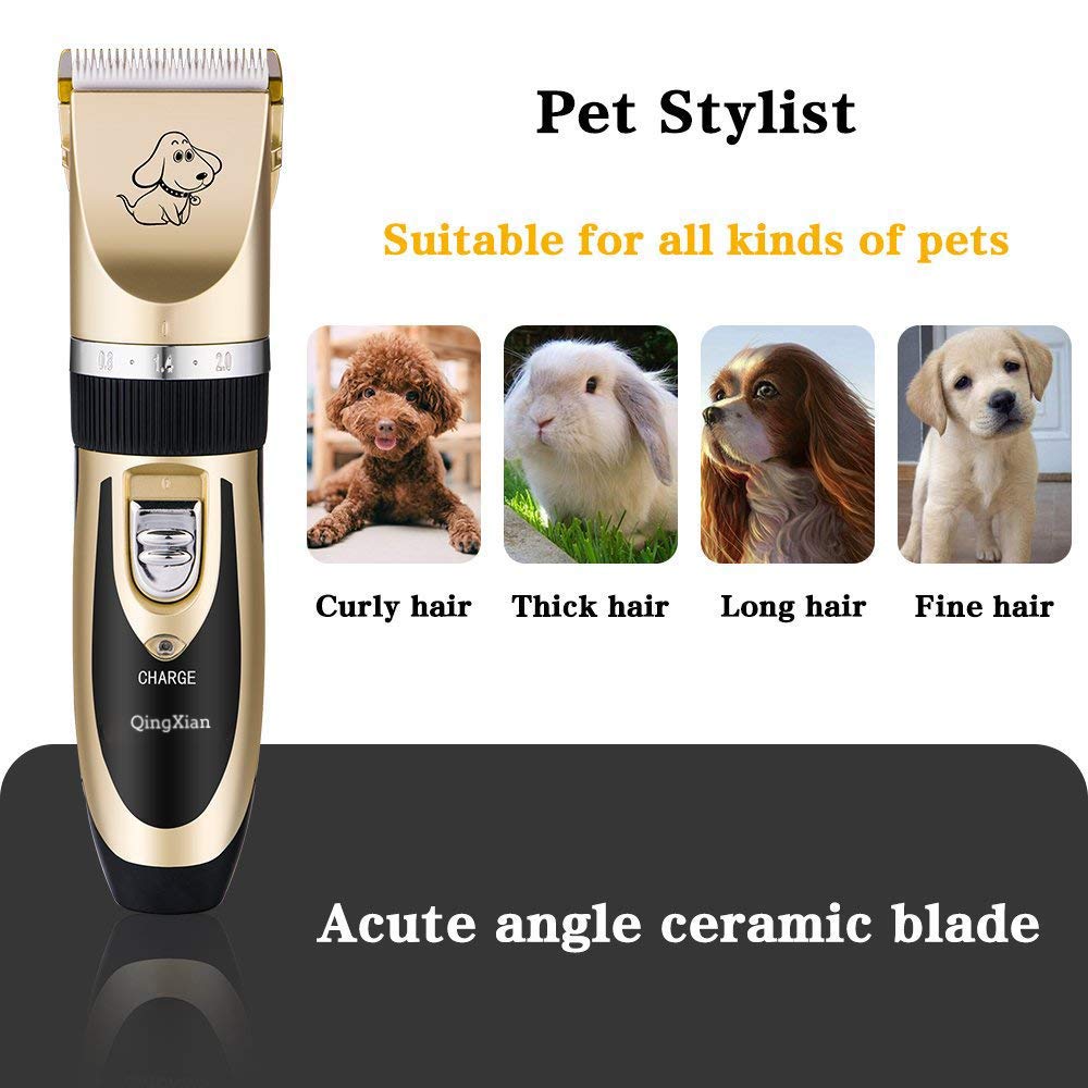 Qingxian Dog Clippers Pet Grooming Clipper Kits Low Noise Rechargeable Cordless Quiet Cat Dog Groomer Tool Professional Hair Trimmer Razor Blades with Combs, Scissor