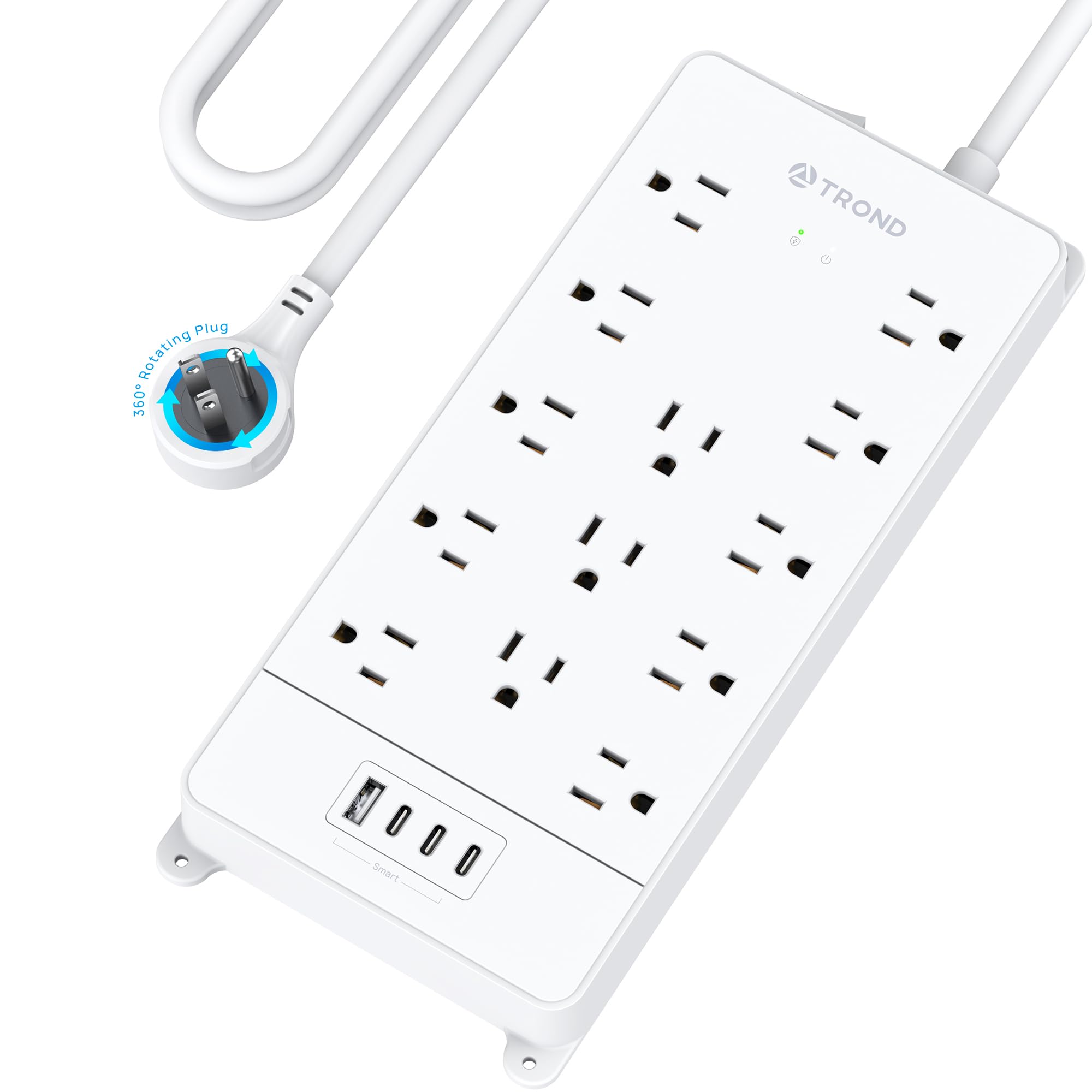 TROND 360° Rotating Flat Plug, Surge Protector Power Strip, 13AC Widely Spaced Outlets Expansion with 3 USB C Ports, 4000J, 10ft Extension Cord Heavy Duty, Wall Mount, Under Desk, ETL Listed, White Image