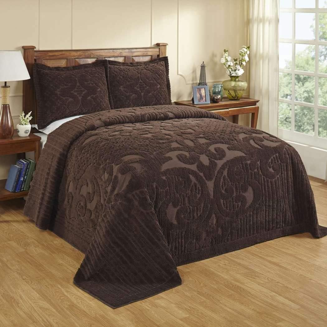 1 Piece Chocolate Brown Oversized Chenille Bedspread Full, Medallion