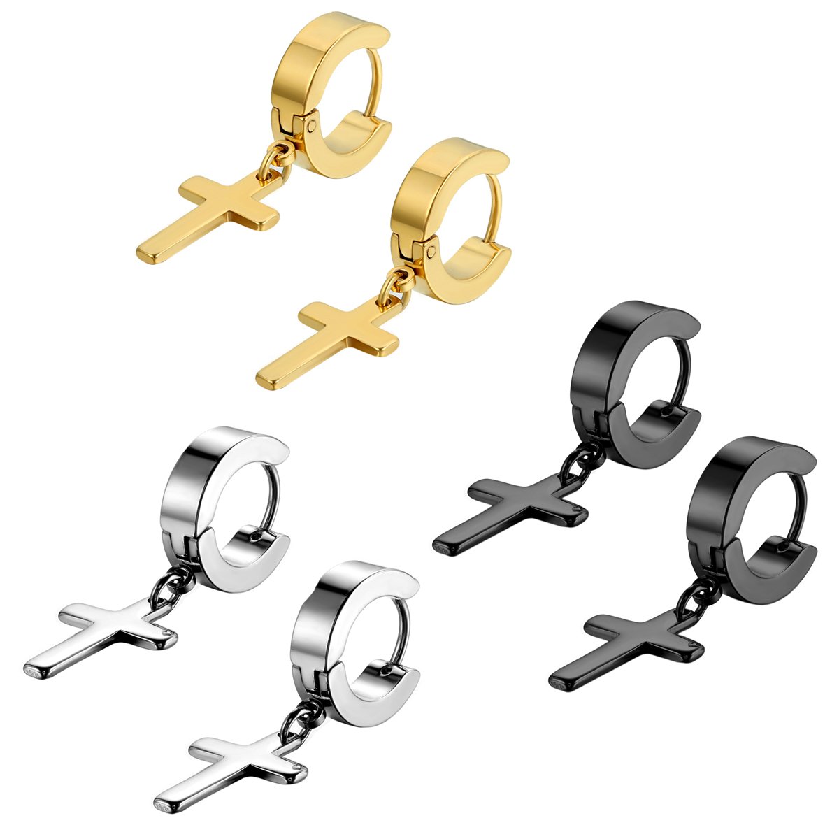 Flongo Men's Womens 6PCS Vintage Stainless Steel Silver&Black&Gold Cross Dangle Hinged Hoop Earrings, Classique Drop Earrings for Christmas Valentine's