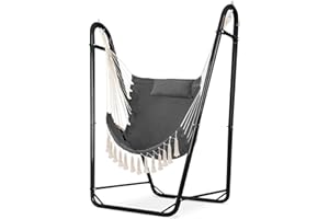 UMIKOOL DIRECT U-Shaped Hammock Chair with Stand, Heavy-Duty and Rustproof Hanging Chair with Stand, Bohemian Style Tassel Hammock Swing Chair Stand with Headrest and Side Pockets for Yard Garden (Gray)