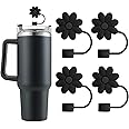 SpexArt Flower Straw Covers Toppers for Stanley Cups 30&40 Oz Tumbler Accessories 4PCS Silicone Straw Caps Reusable Straw Tips Protectors for Stanley Cup 10mm 0.4in Straws,Black