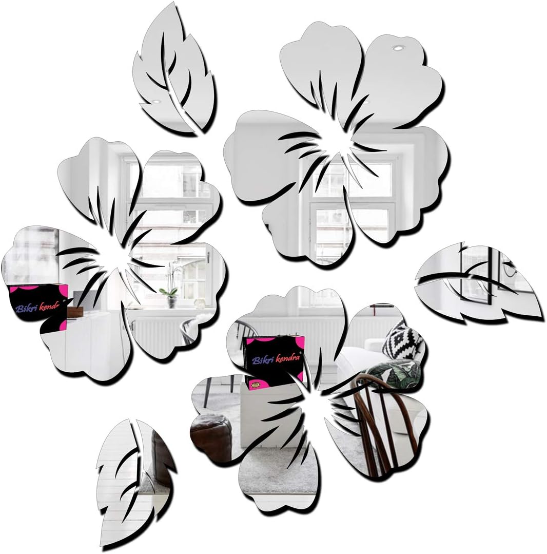 Bikri Kendra Flower & Leaf Silver Decorative Mirror Stickers For Wall, Wall Stickers, 3D Acrylic Hall Room, Bed Kitchen Living Room Kids Room. Self Adhesive, 1 Mm